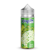 A 100ml bottle of Kingston Gazillions e-liquid in apple flavor with a child-safe design, indicating nicotine-free and suitable for all-day vaping.